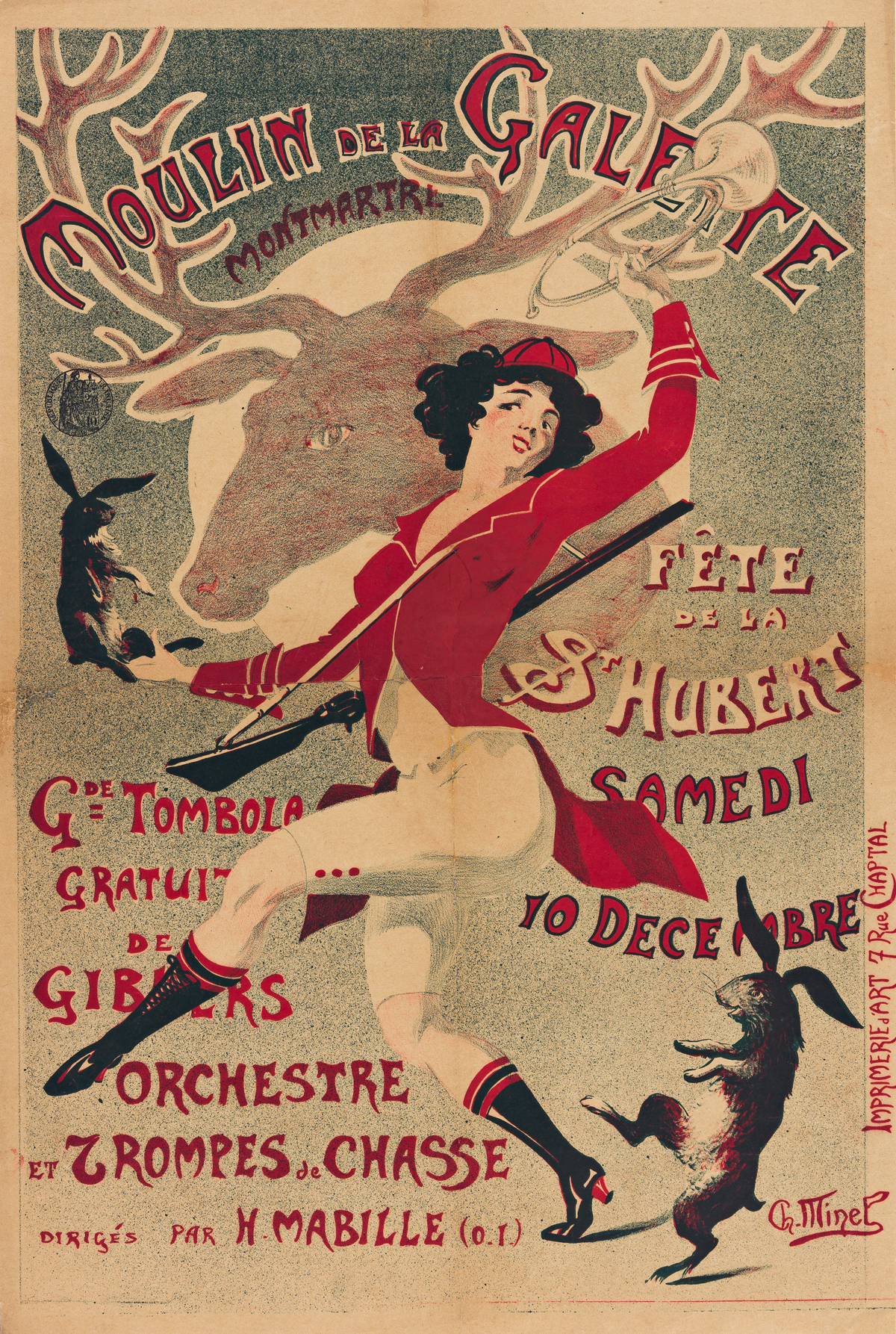 CH. MINEL (DATES UNKNOWN).  MOULIN DE LA GALETTE. Circa 1900. 22x15 inches, 57x38 cm. Imprimerie dArt, Paris.